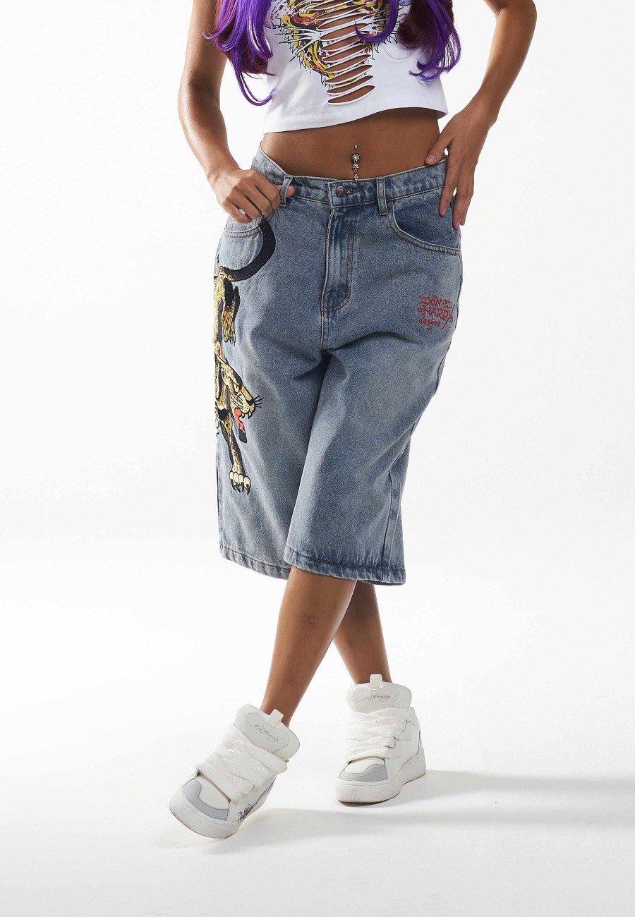 Ed Hardy Womens Panther Crawl Relaxed Denim Jorts Shorts