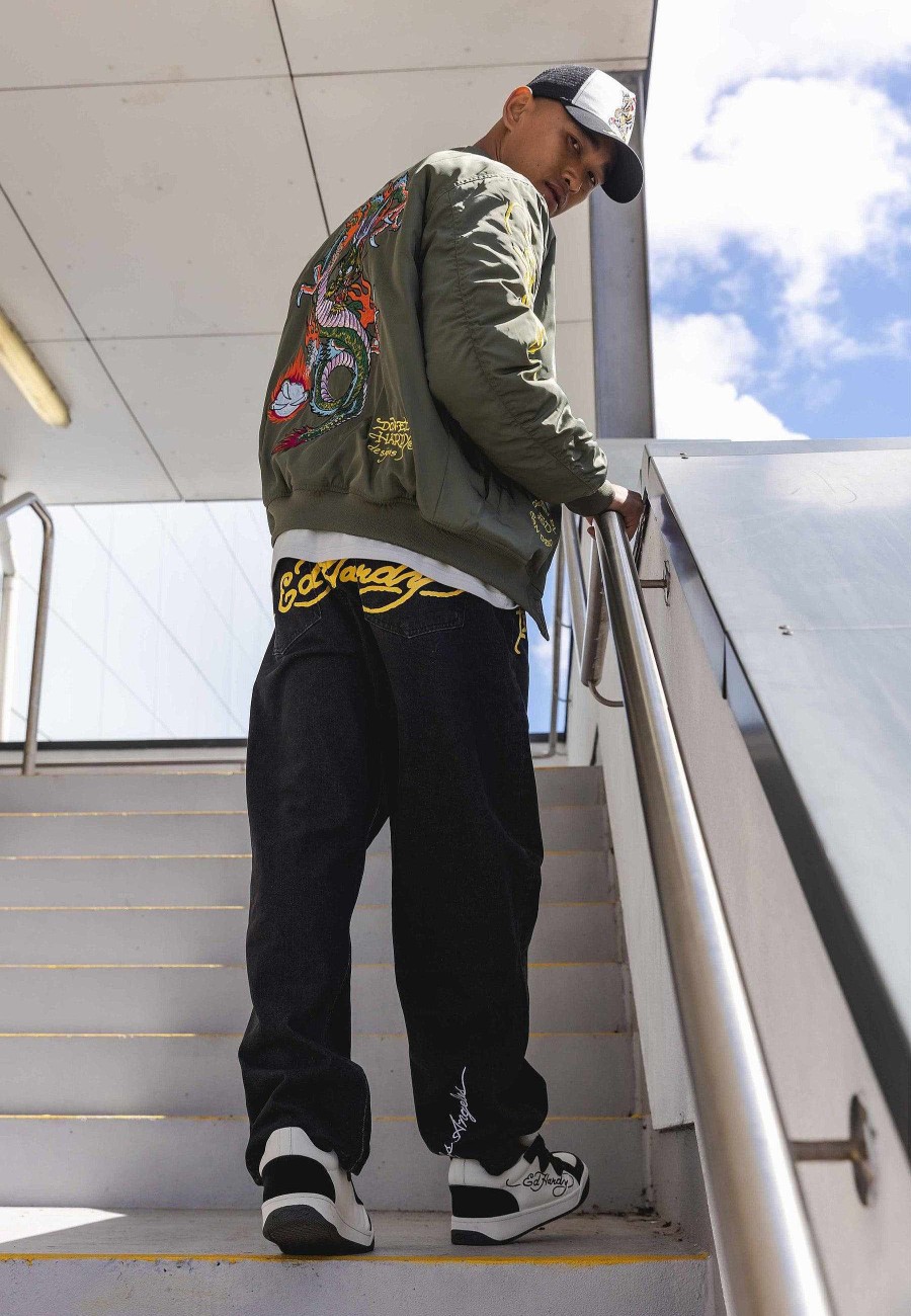 Ed Hardy Mens Battle-Dragon Tattoo Denim Trousers Baggy Jeans