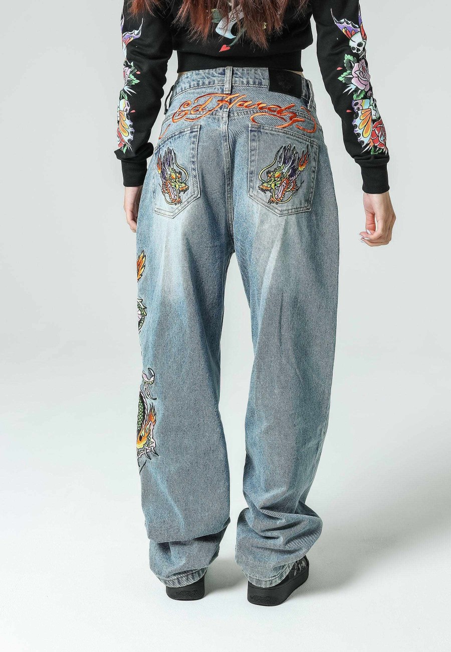 Ed Hardy Womens Crawling Dragon Relaxed Fit Denim Trousers Jeans