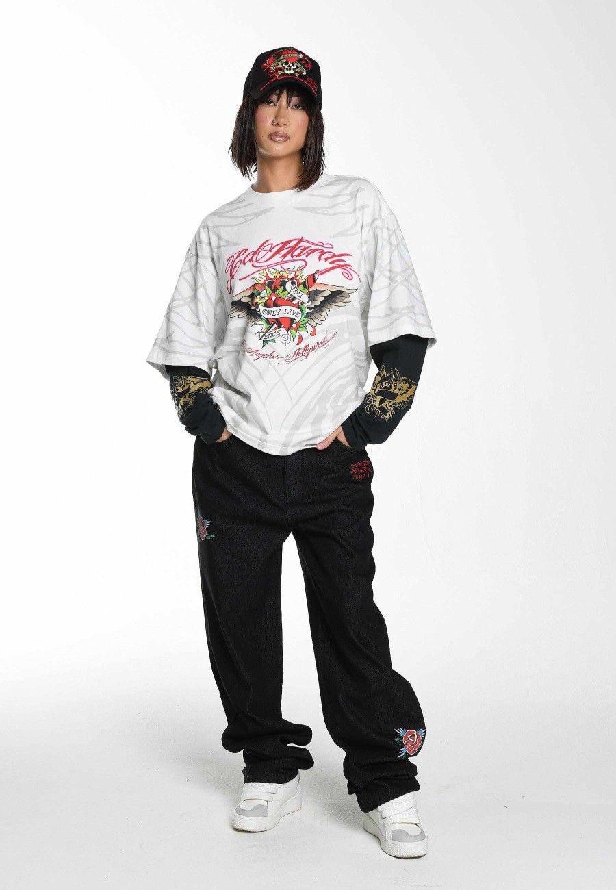 Ed Hardy Womens Live Once Double Sleeve Relaxed T-Shirt