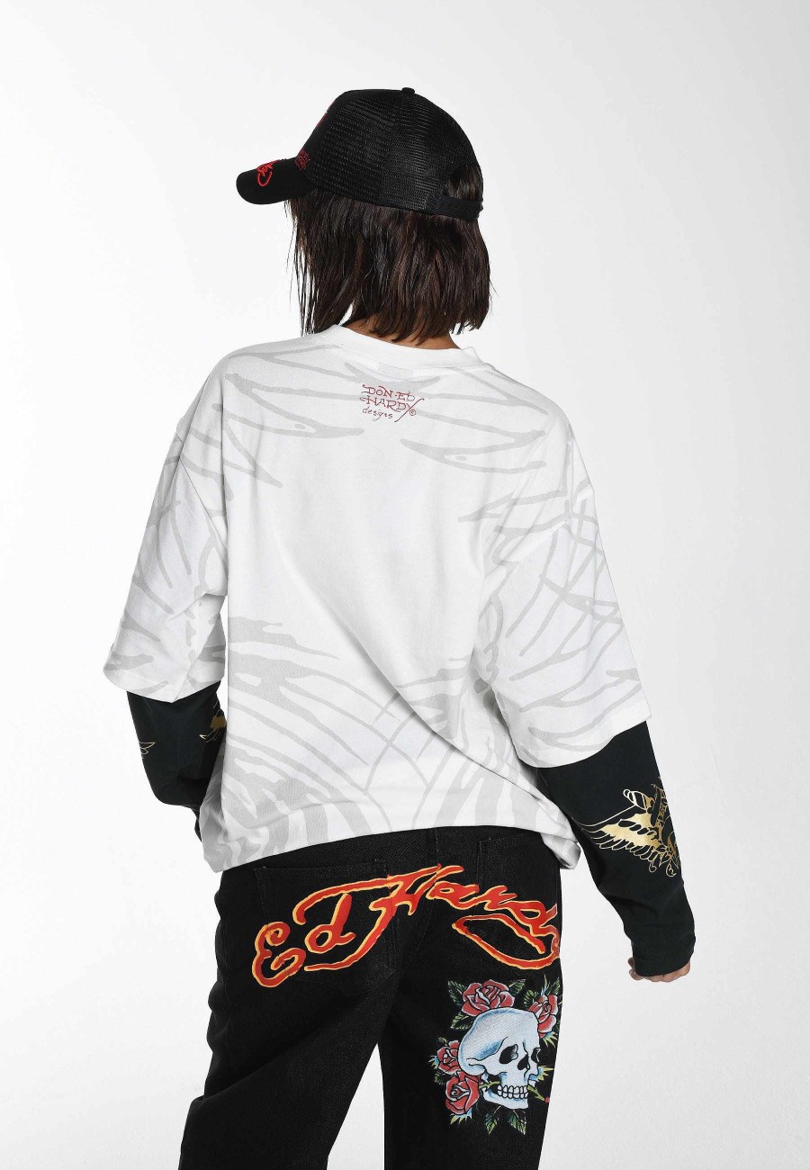 Ed Hardy Womens Live Once Double Sleeve Relaxed T-Shirt