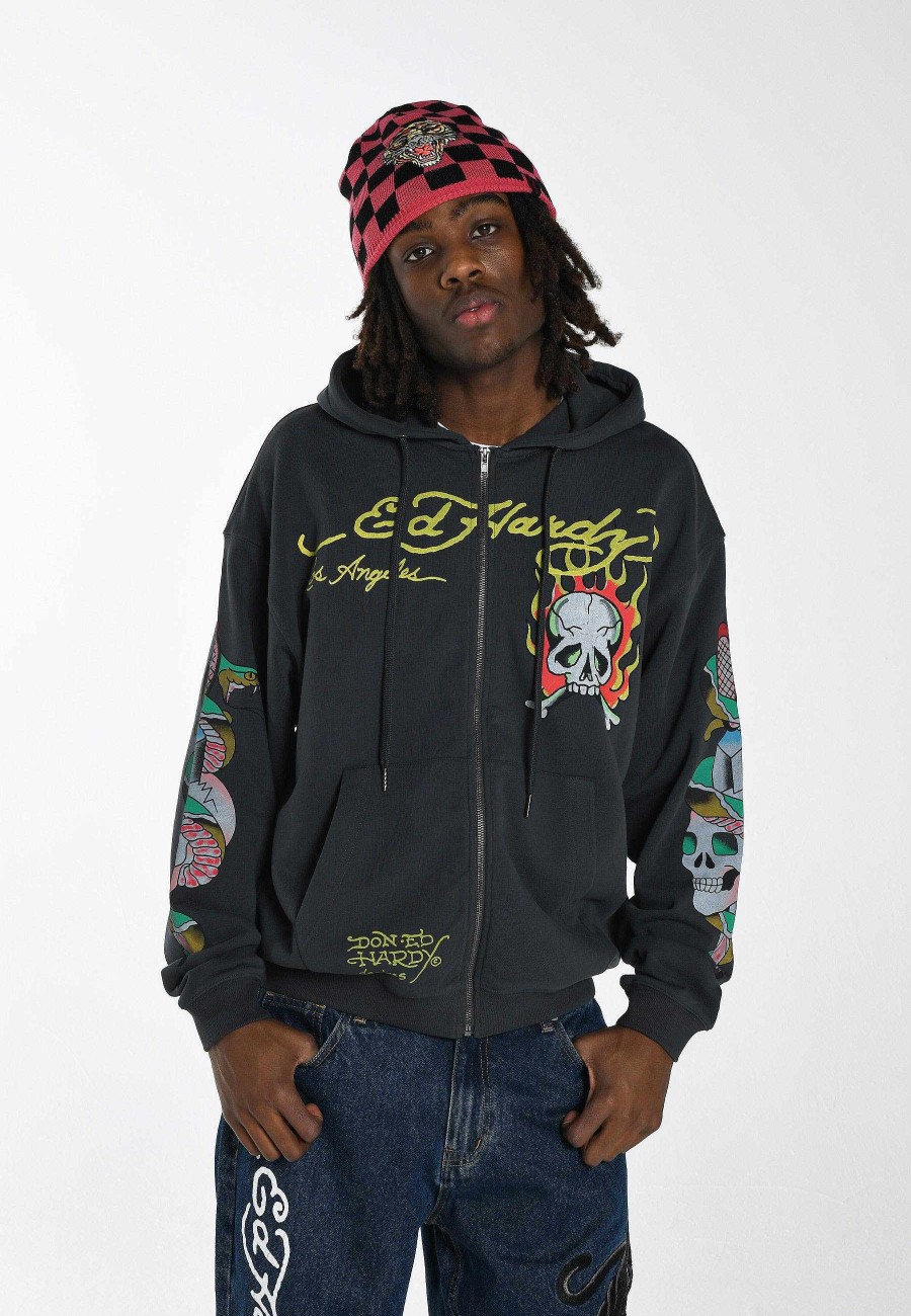 Ed Hardy Mens Burning Skull Graphic Hoodie