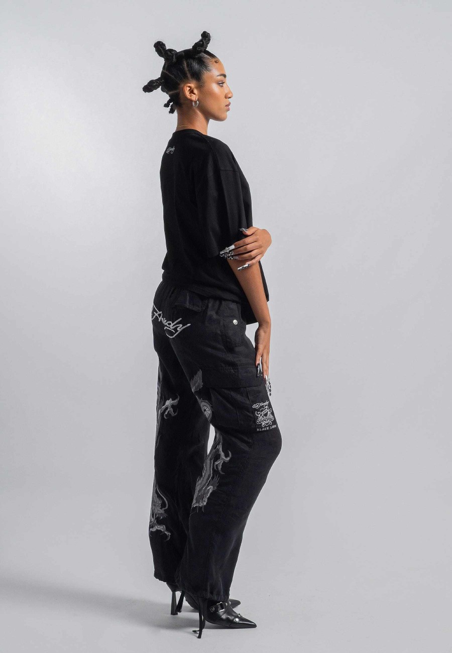 Ed Hardy Womens Vintage-Koi-Silver Relaxed Tshirt - Black