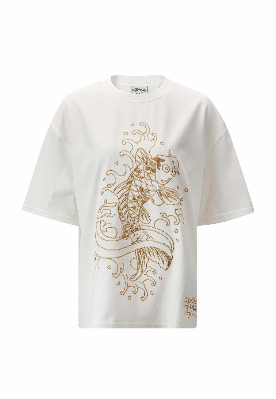 Ed Hardy Womens Vintage-Koi-Gold Relaxed Tshirt - White