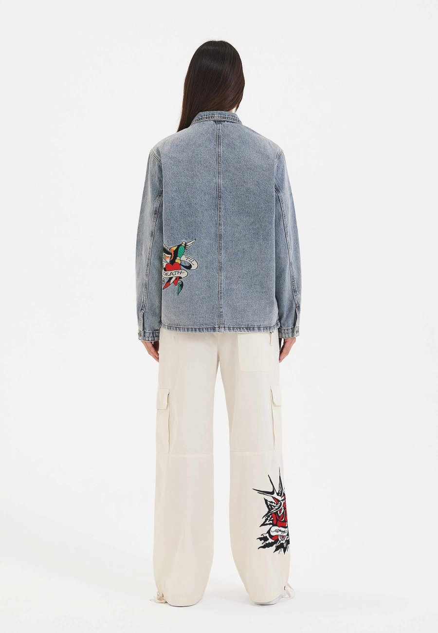 Ed Hardy Womens Battle Of Eagles Denim Chore Jacket
