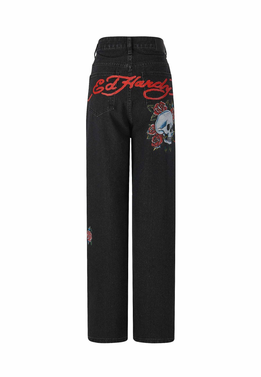 Ed Hardy Womens Blooming Death Relaxed Denim Trousers Jeans