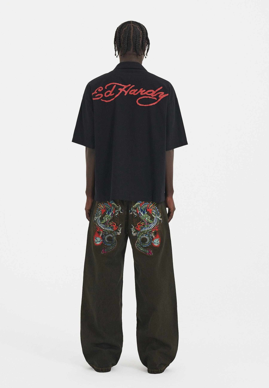 Ed Hardy Mens Offset Dragon Camp Short Sleeve Shirt