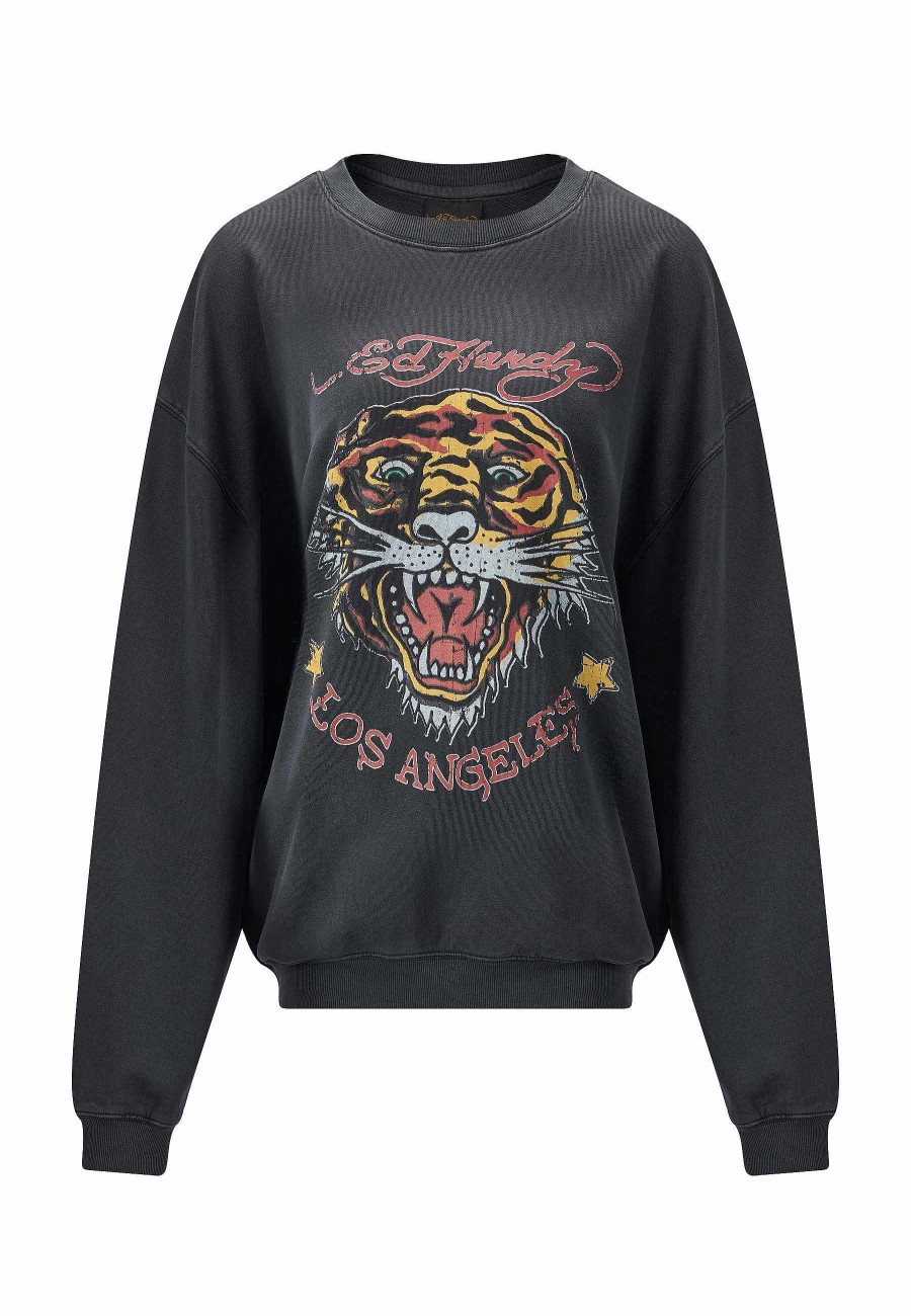 Ed Hardy Womens Tiger-Vintage-Roar Graphic Relaxed Crew Neck Sweatshirt