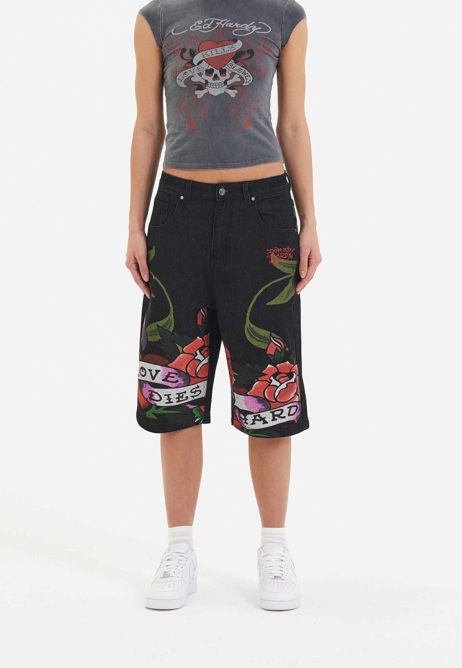 Ed Hardy Womens Cherry Love Bomb Relaxed Denim Jorts Shorts