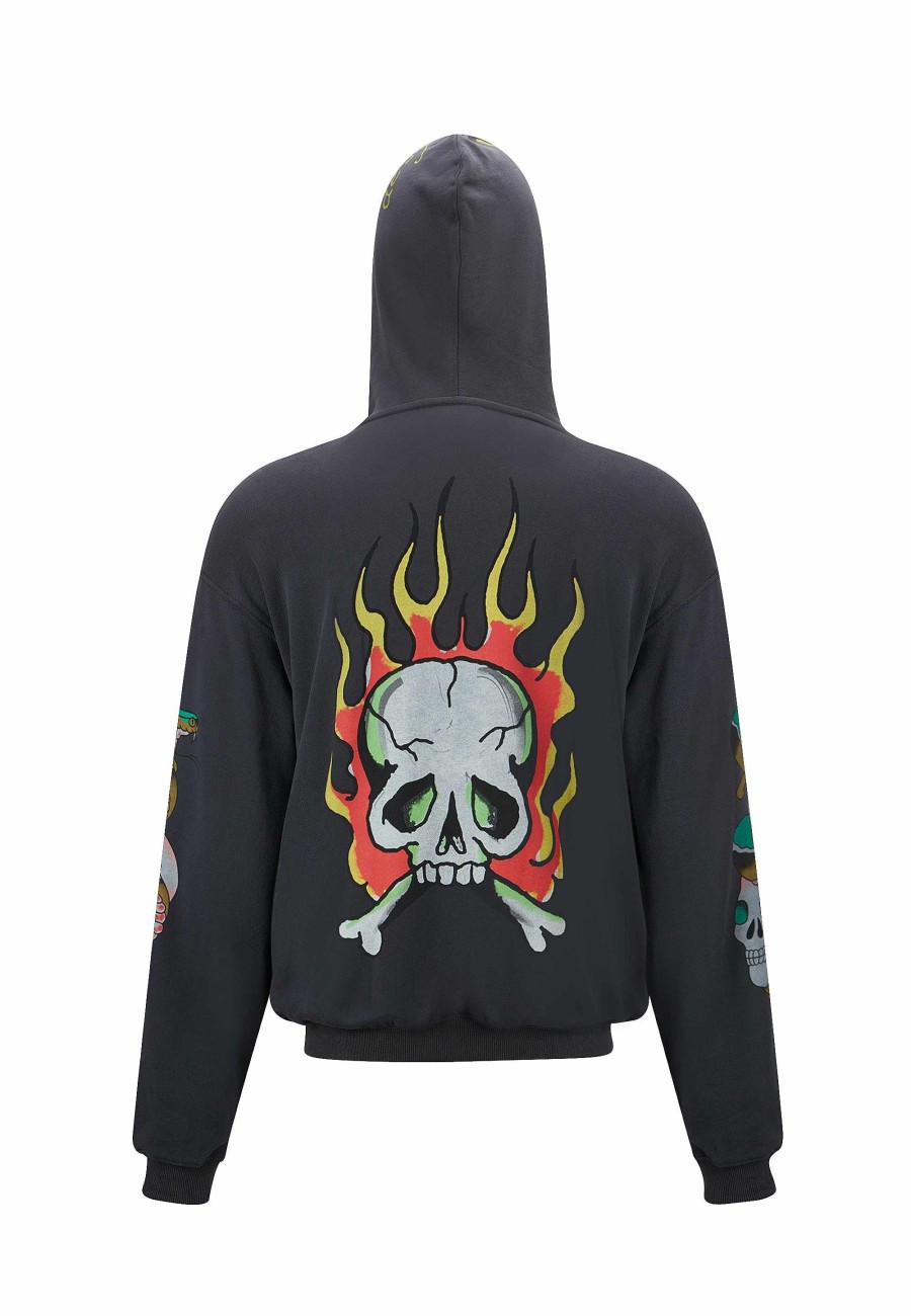 Ed Hardy Mens Burning Skull Graphic Hoodie
