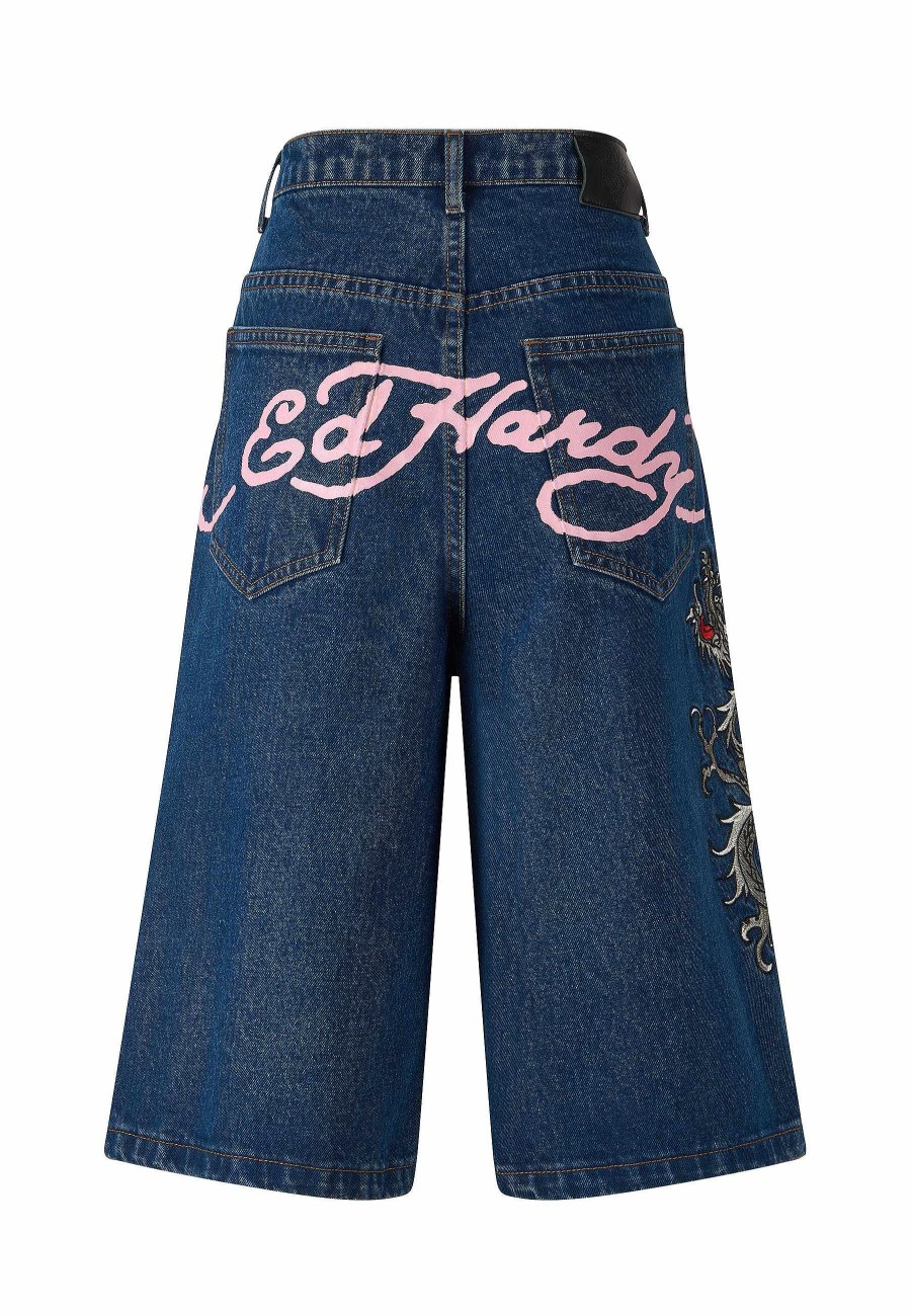 Ed Hardy Womens Grey Dragon Relaxed Denim Jorts Shorts