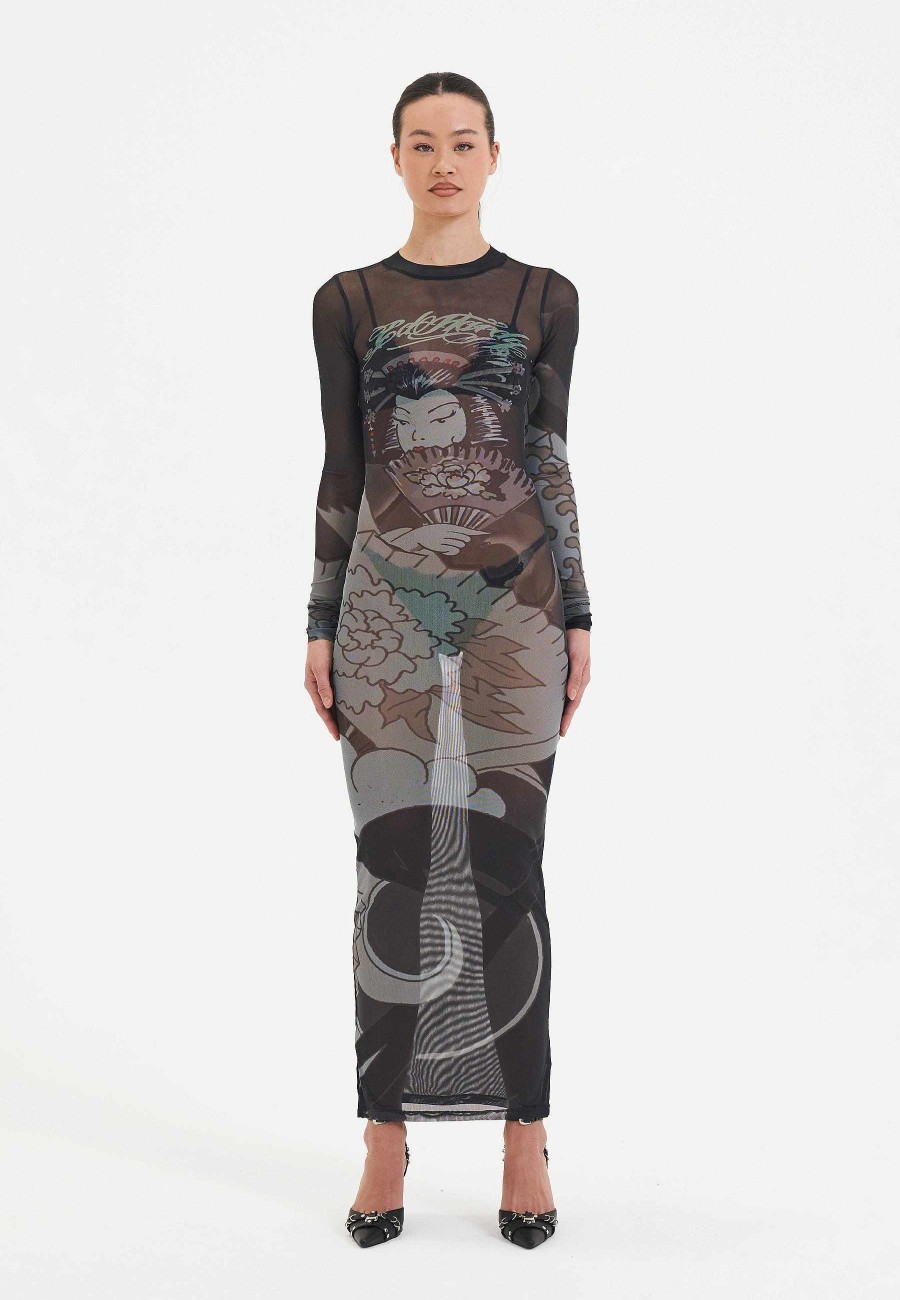 Ed Hardy Womens Geisha Fan Mesh Long Sleeve Maxi Dress