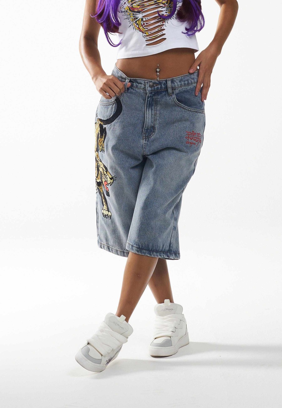 Ed Hardy Womens Panther Crawl Relaxed Denim Jorts Shorts
