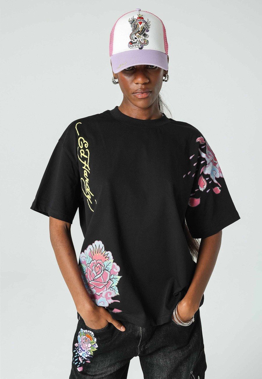 Ed Hardy Womens Raining-Roses Oversize T-Shirt