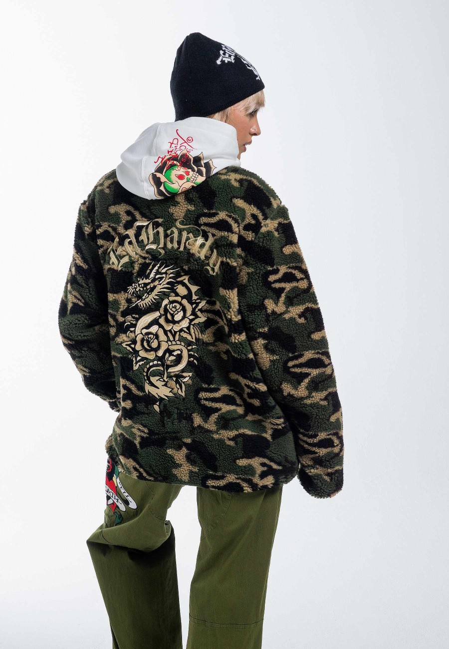 Ed Hardy Womens Dragon & Rose Camo Zip Thru Borg Fleece Jacket