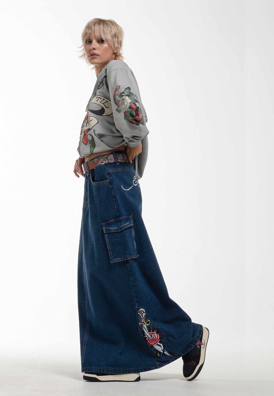 Ed Hardy Womens Killer Rose Denim Midi Skirt