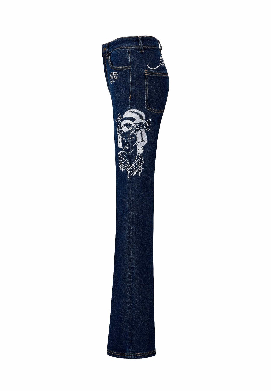 Ed Hardy Womens Geisha Mirror Flared Denim Trousers Jeans