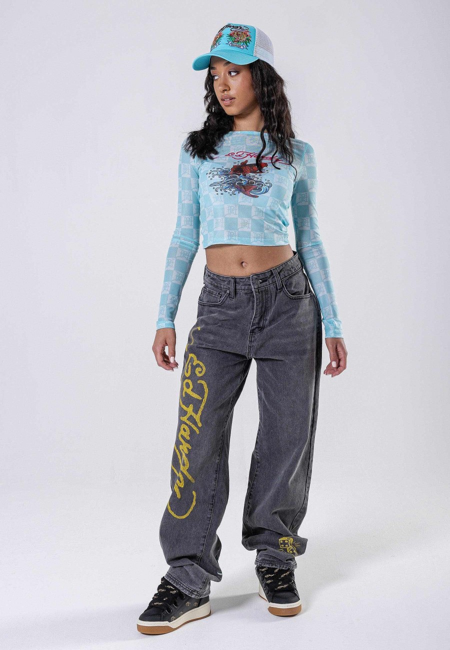 Ed Hardy Womens Koi-Fishing Mesh Long Sleeve T-Shirt