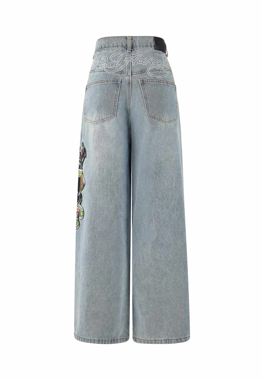 Ed Hardy Womens Panther Battle Xtra Oversized Denim Trousers Jeans