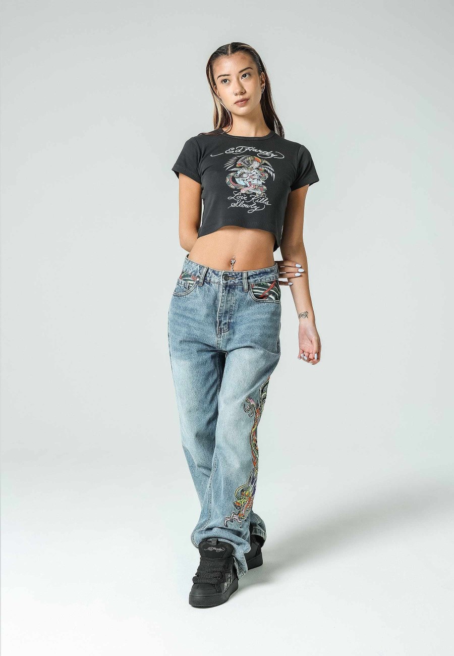 Ed Hardy Womens Love-Kills Eagle Skull Cropped Baby T-Shirt