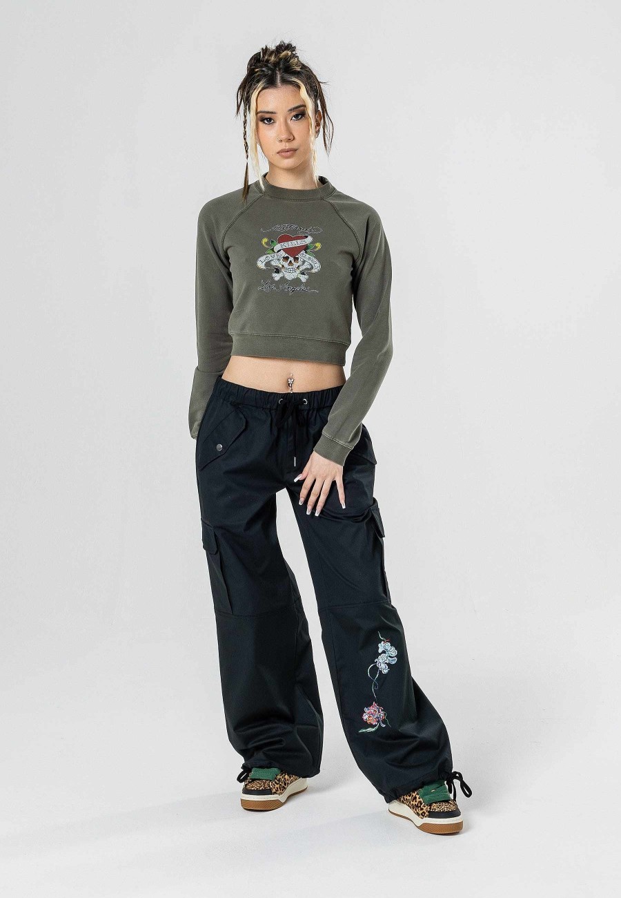 Ed Hardy Womens Love-Kills Slowly Cropped Crew Neck Sweatshirt