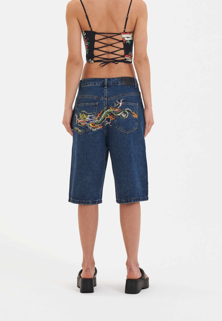 Ed Hardy Womens Dragon Crawl Relaxed Denim Jorts Shorts