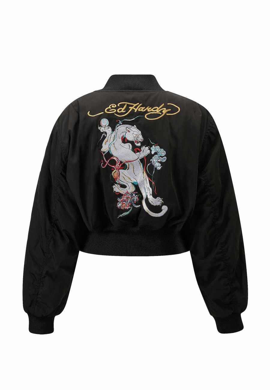 Ed Hardy Womens Mystic-Panther Cropped Bomber Jacket
