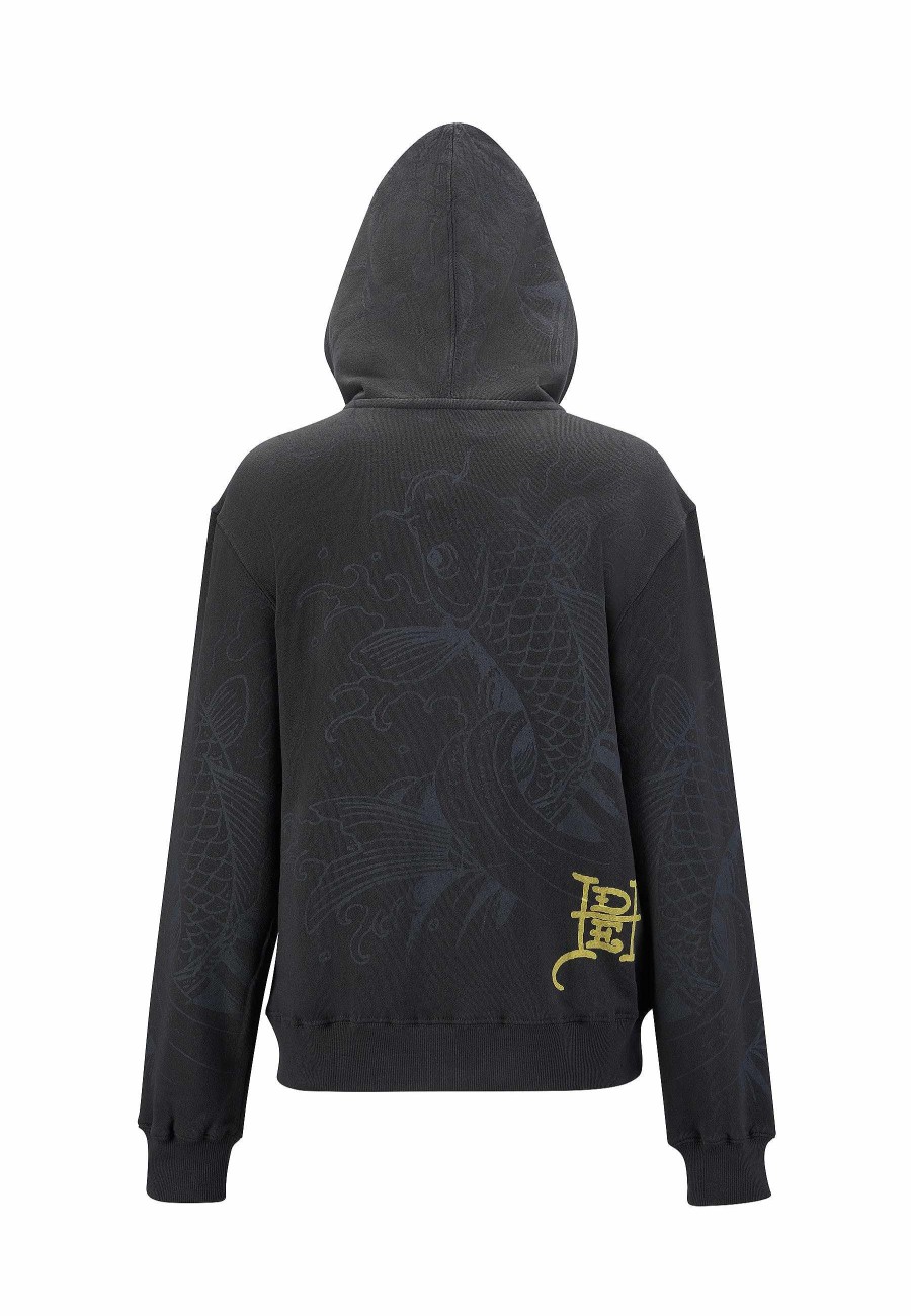 Ed Hardy Womens Golden-Koi Teddy Fleece Lined Hooded Jumper
