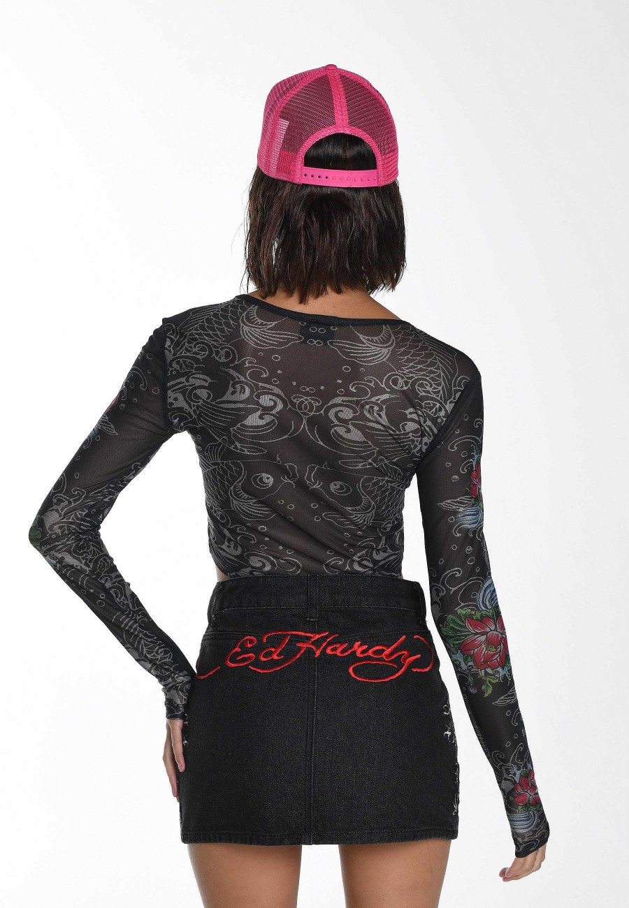Ed Hardy Womens Koi Paradise Mesh Long Sleeve T-Shirt