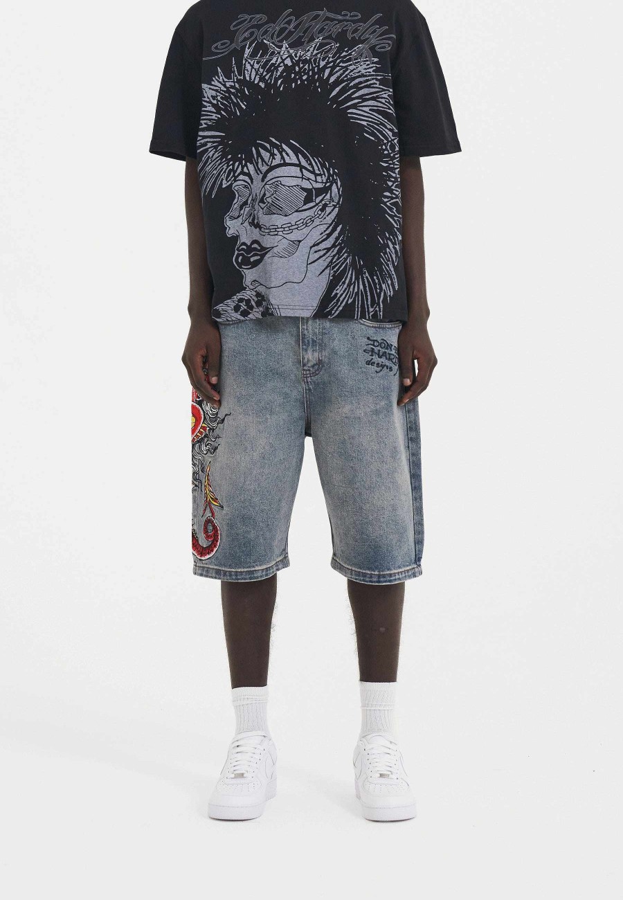 Ed Hardy Mens Devil Mermaid Denim Jorts Shorts