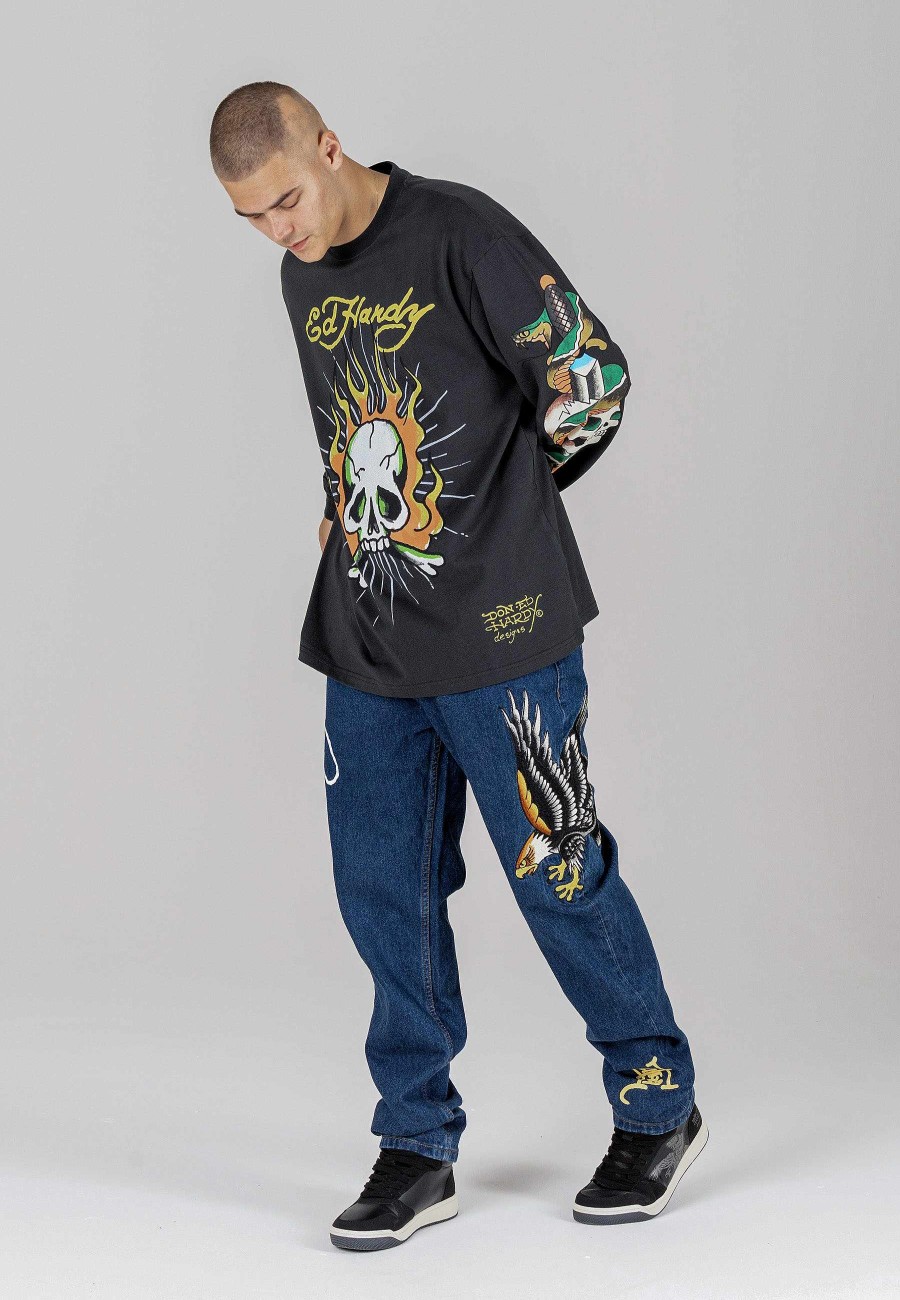 Ed Hardy Mens Skull-Flame Long Sleeve T-Shirt