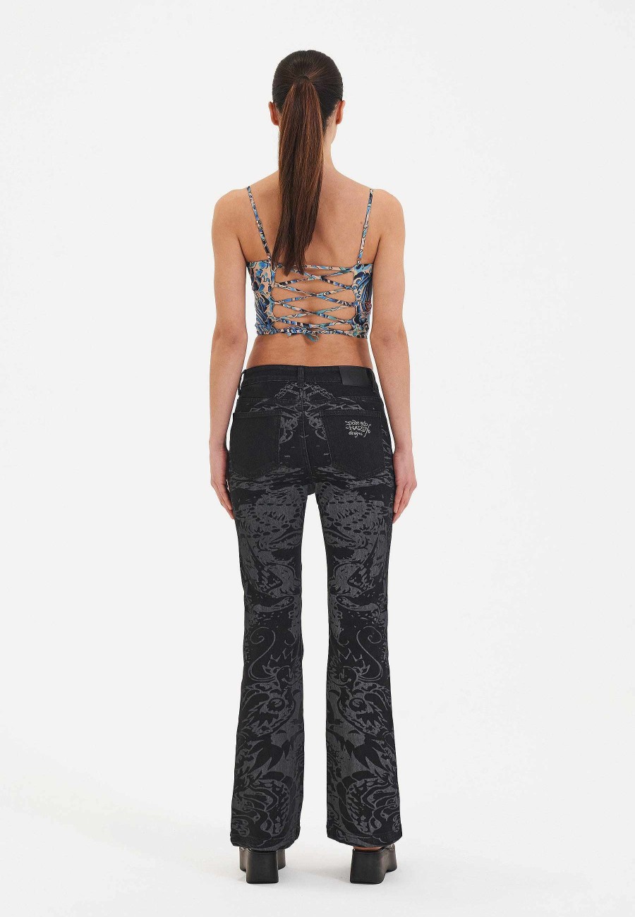 Ed Hardy Womens Flash Sheet Flared Denim Trousers Jeans