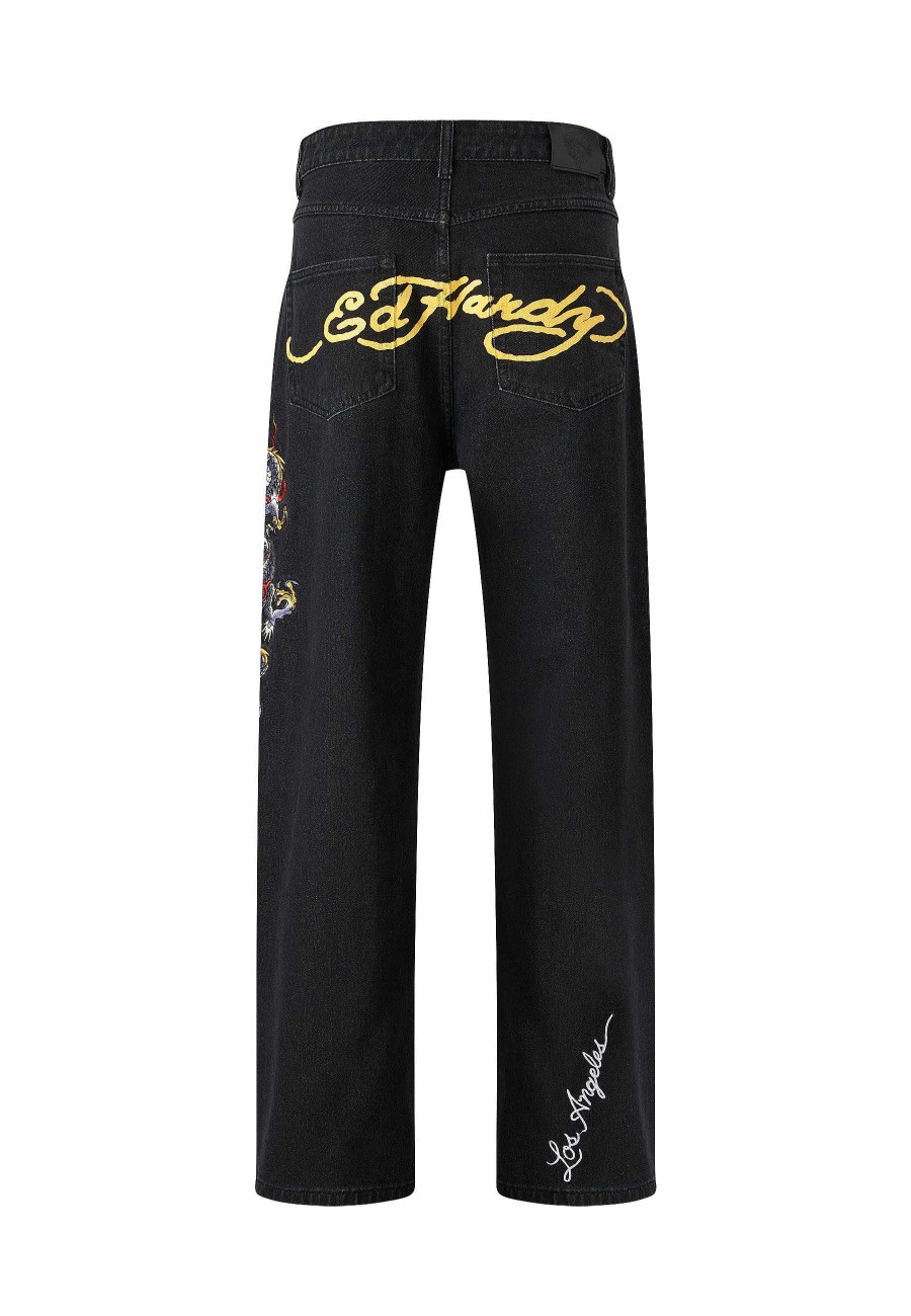 Ed Hardy Mens Battle-Dragon Tattoo Denim Trousers Baggy Jeans