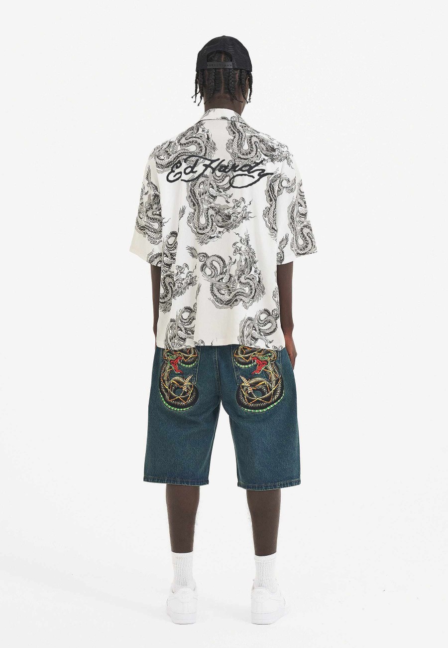 Ed Hardy Mens Black Snake Denim Jorts Shorts