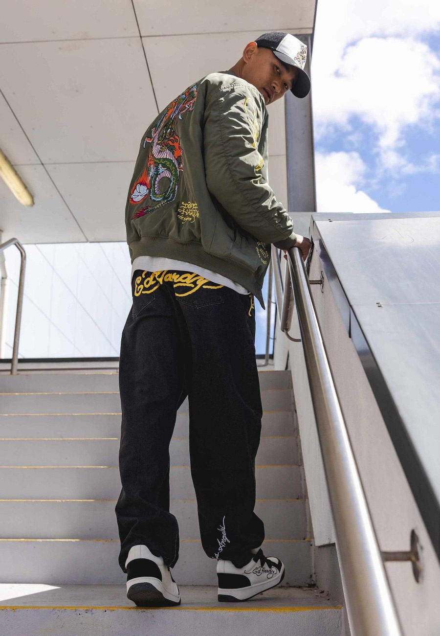 Ed Hardy Mens Battle-Dragon Tattoo Denim Trousers Baggy Jeans