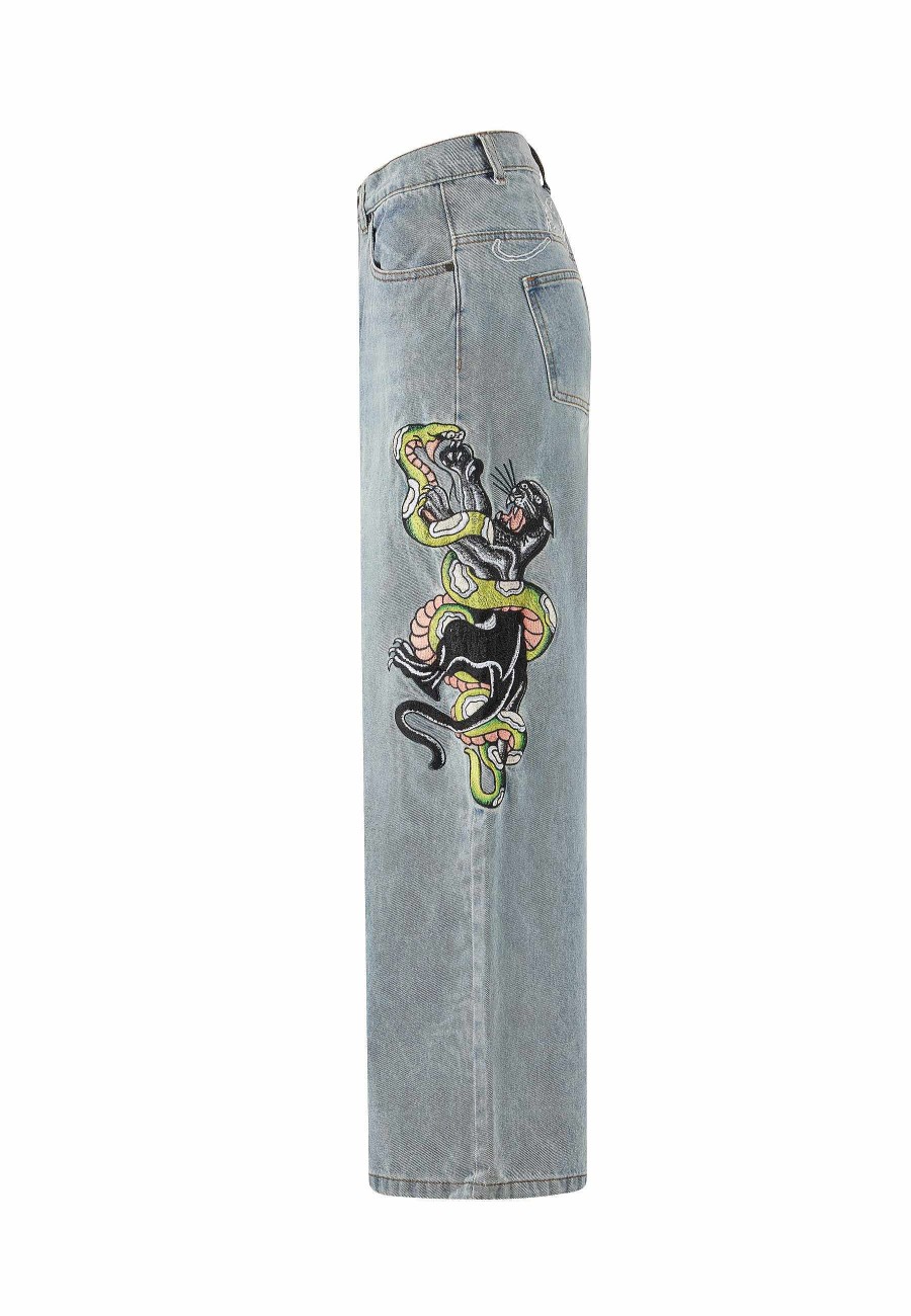 Ed Hardy Womens Panther Battle Xtra Oversized Denim Trousers Jeans