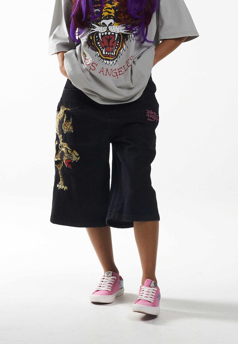 Ed Hardy Womens Panther Crawl Relaxed Denim Jorts Shorts