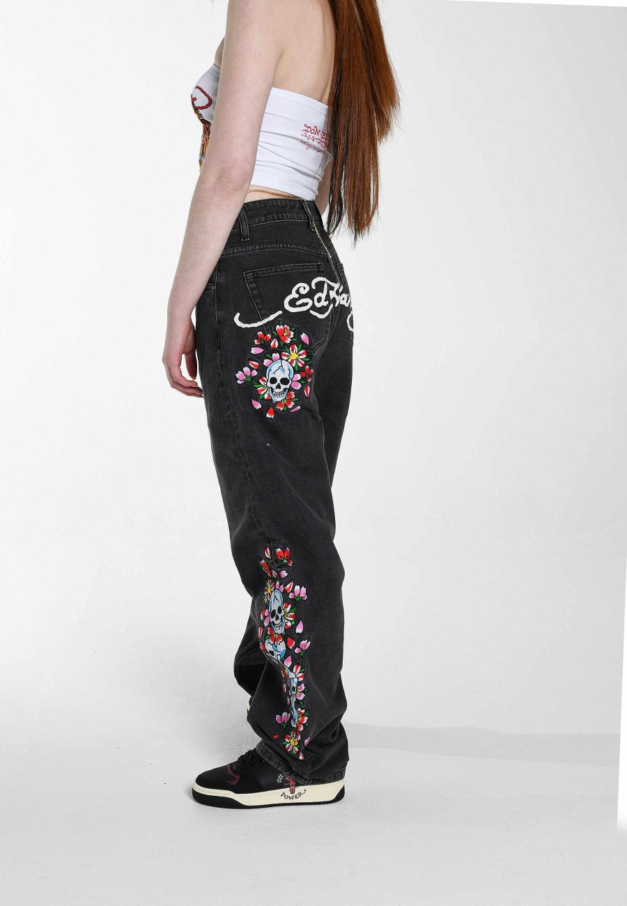 Ed Hardy Womens Skull-Flower-Baggy Jeans