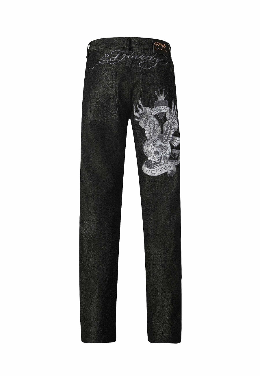 Ed Hardy Mens Nyc-Skull-Tatt Embroidered Denim Trousers Jeans