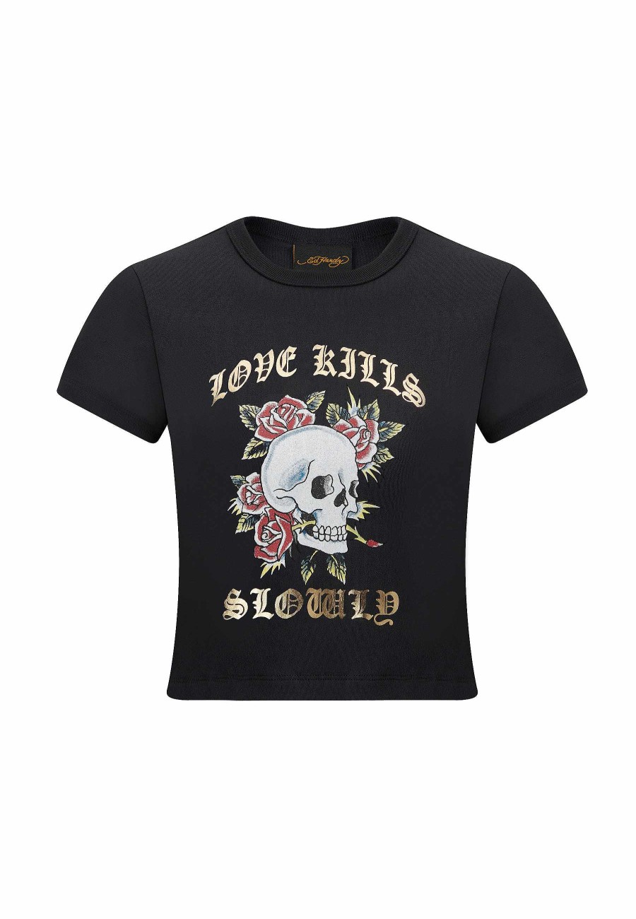 Ed Hardy Womens Skull-Kills-Slow Cropped Baby T-Shirt