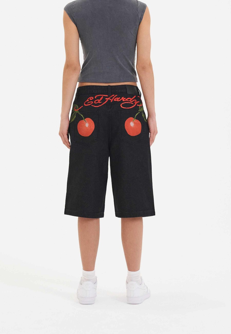 Ed Hardy Womens Cherry Love Bomb Relaxed Denim Jorts Shorts