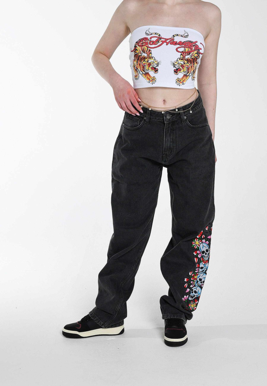 Ed Hardy Womens Skull-Flower-Baggy Jeans