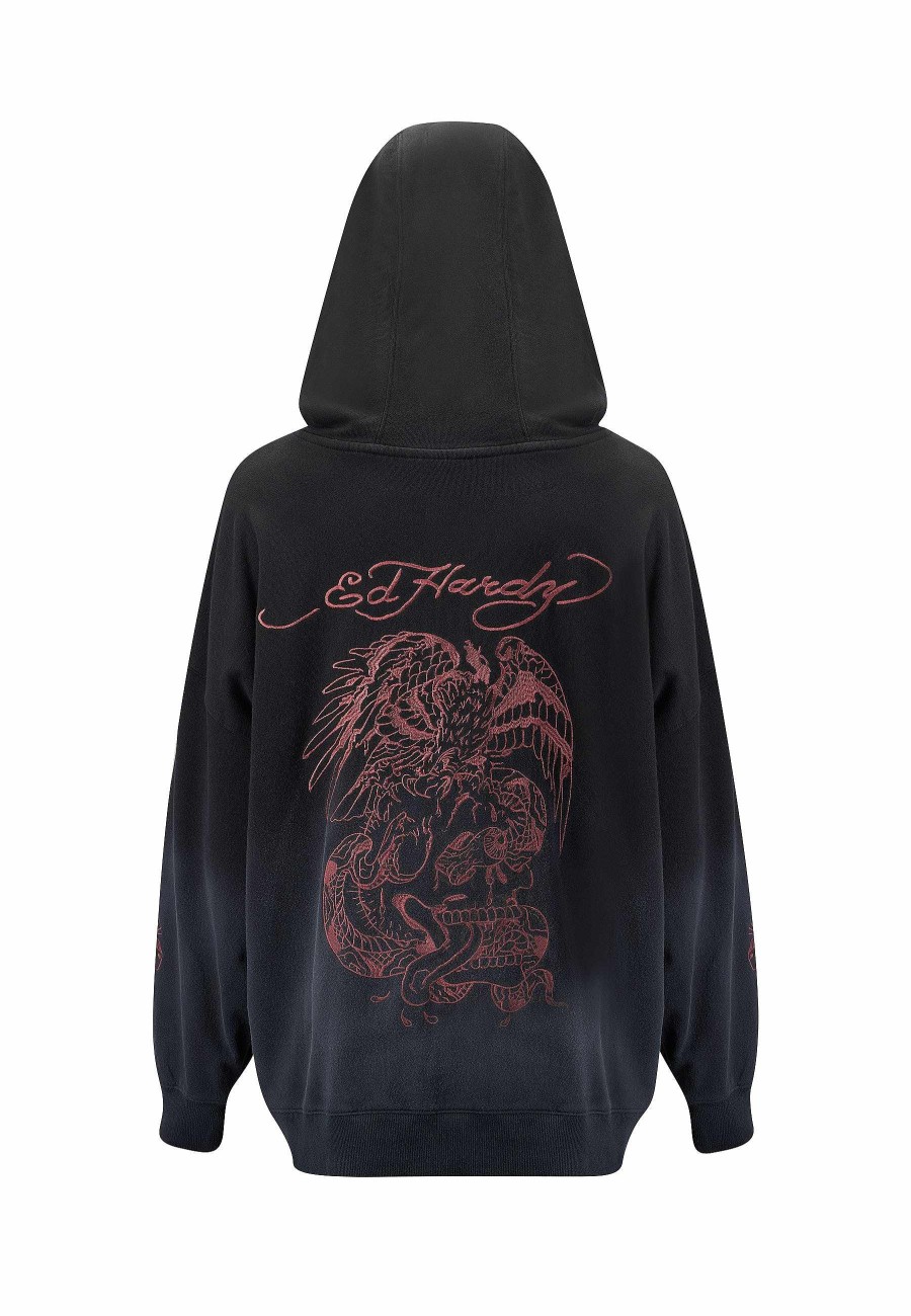 Ed Hardy Womens Eagle-Skull Graphic Oversize Pouch Hoodie