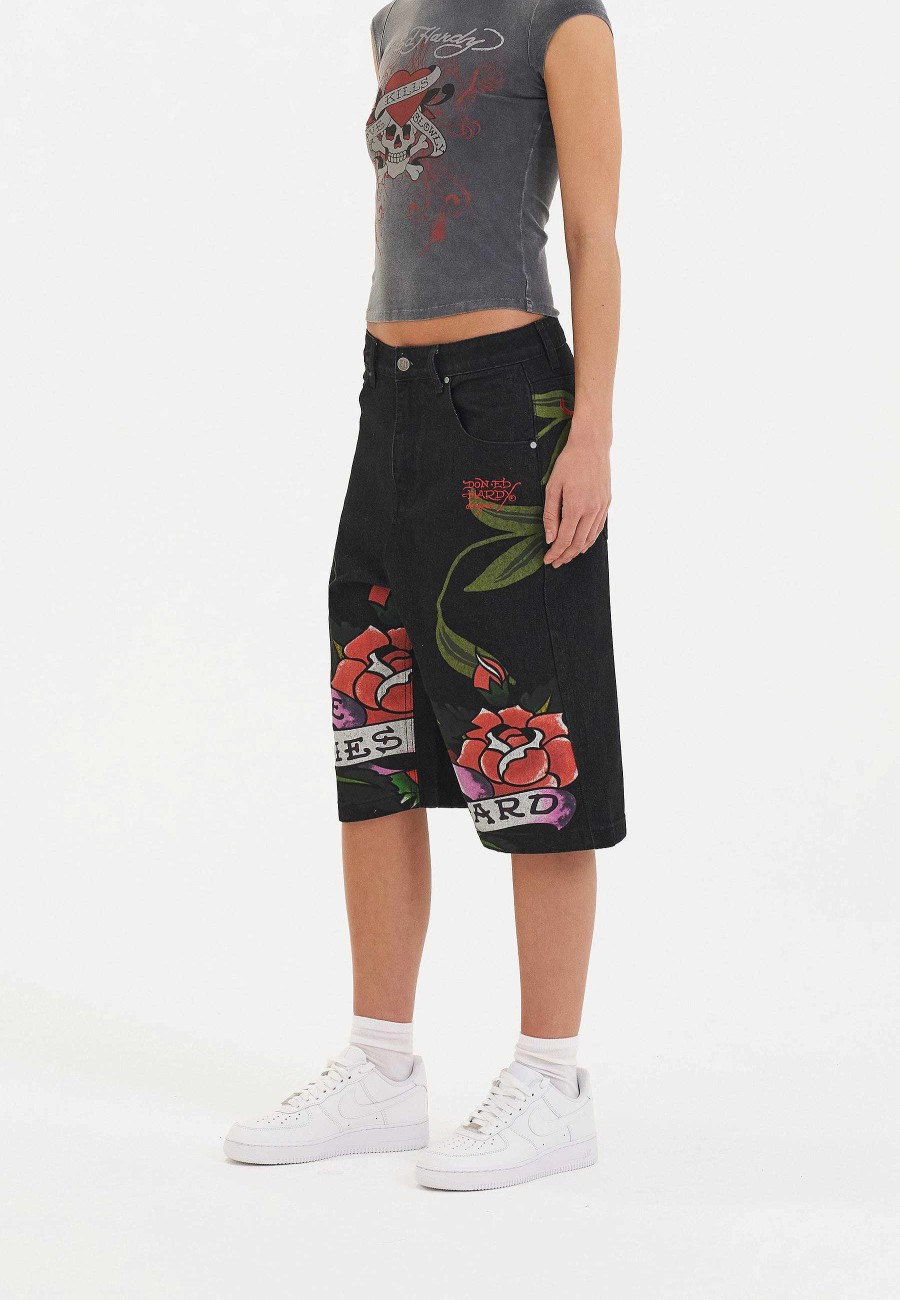 Ed Hardy Womens Cherry Love Bomb Relaxed Denim Jorts Shorts