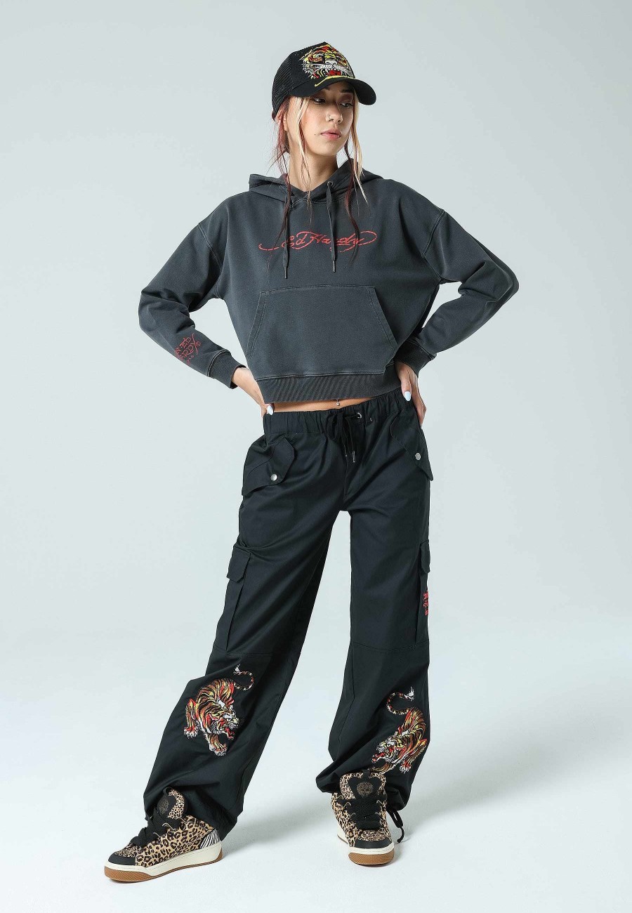 Ed Hardy Womens La-Roar-Tiger Graphic Cropped Hoodie