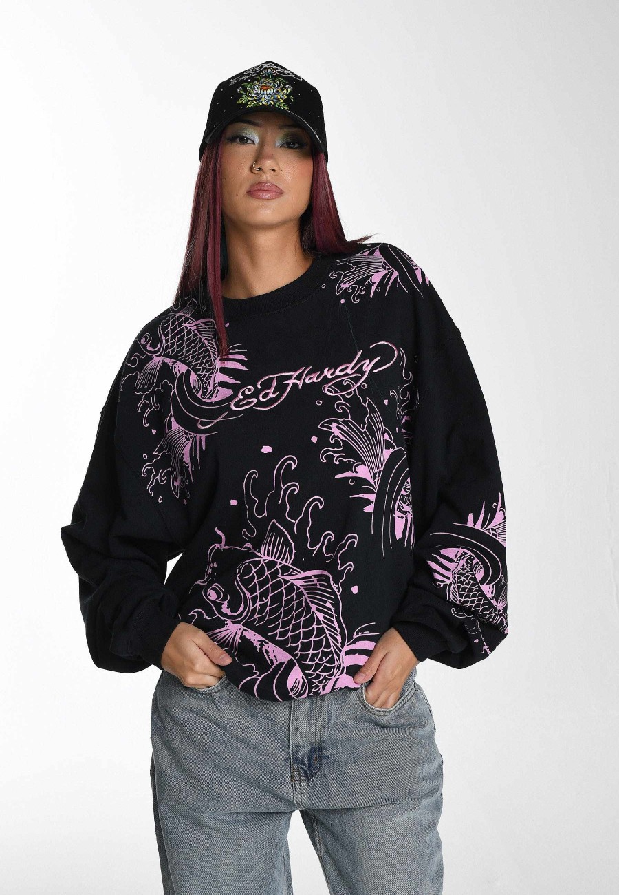 Ed Hardy Womens Koi River Graphic Relaxed Crew Neck Sweatshirt