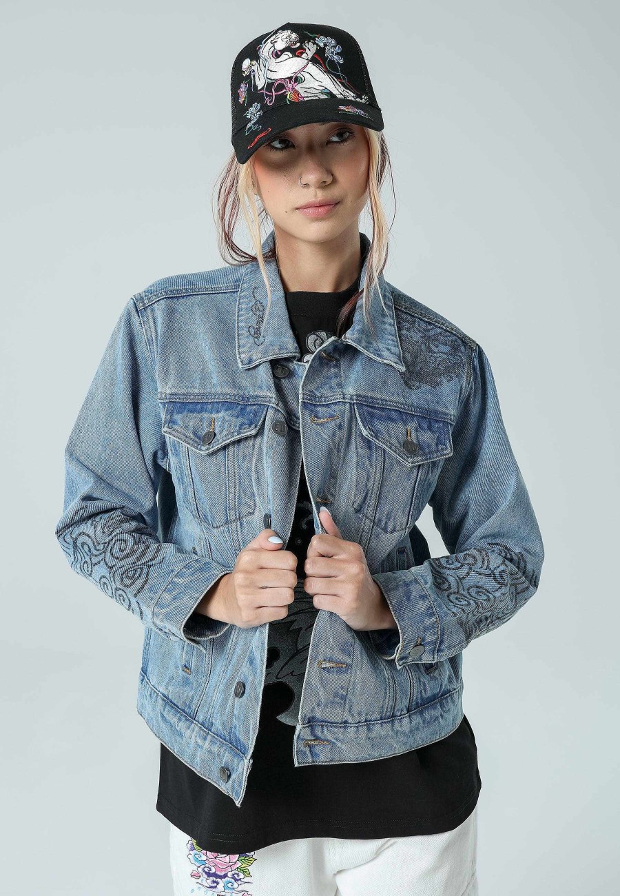 Ed Hardy Womens Lion-Head Denim Jacket