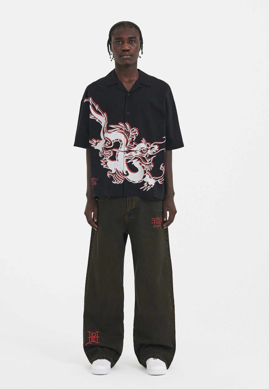 Ed Hardy Mens Offset Dragon Camp Short Sleeve Shirt