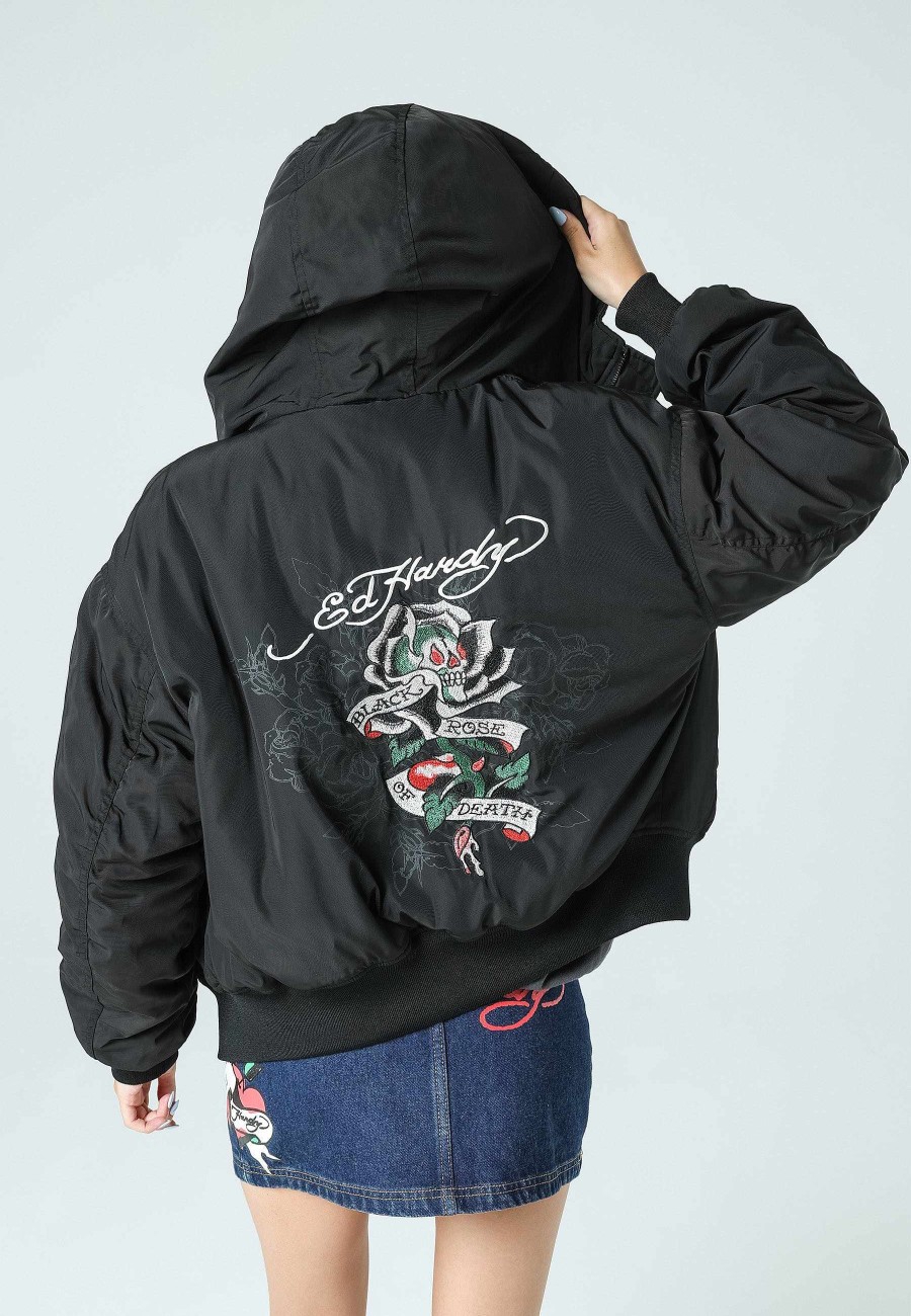Ed Hardy Womens Rose-Of-Death M41 Bomber Jacket