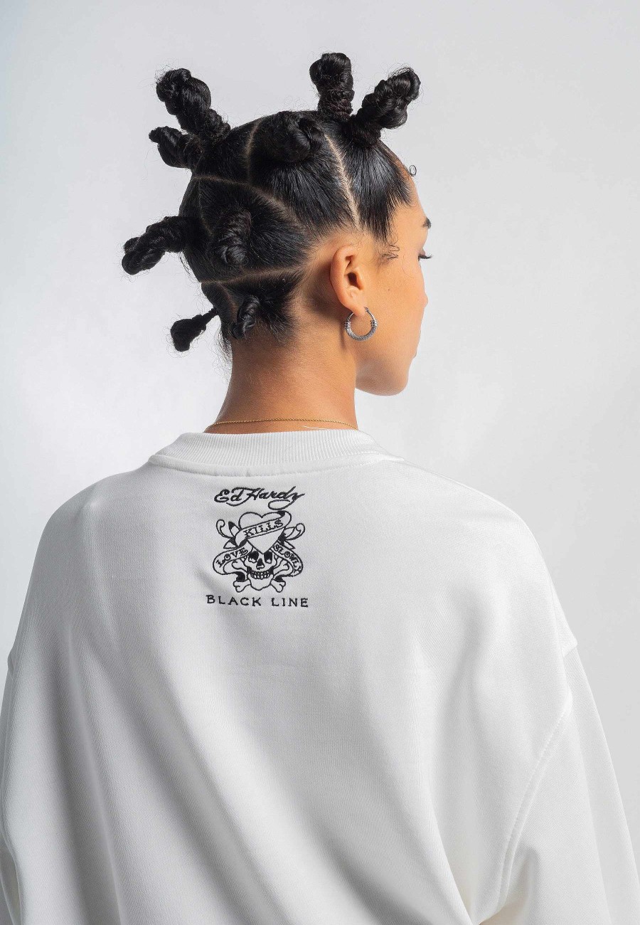 Ed Hardy Womens Live Fast Tonal Relaxed Crew Neck Jumper - White